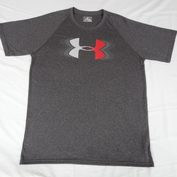UNDER ARMOUR HEATGEAR WHITE RED UA LOGO - GRAY MEDIUM ATHLETIC T-SHIRT K800 - Picture 1 of 3